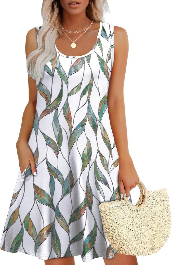 WEESO Womens Summer Dresses Loose U Neck Sleeveless Sundresses Dress with Pockets (Small, Floral Multi Leaf)
