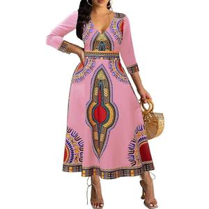 African Dress for Women Print Maxi Dress Sexy V Neck Dashiki Party Dresses Elegant Bohemian Long Sleeve Prom Attire Flowy Cocktail Tropical Vintage Outfits (L)