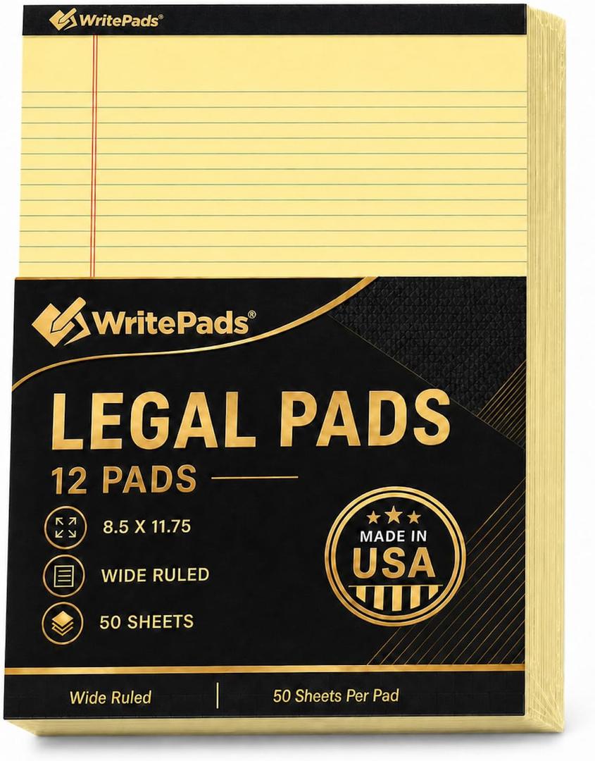 Legal Pads 8.5 x 11.75 Inch Wide Ruled Writing Pads, 12 Pack Note Pads - Yellow Perforated Paper with Hard Back, 50 Sheets Per Pad, No Bleed Notepad Paper for Office, School, Business MADE IN USA