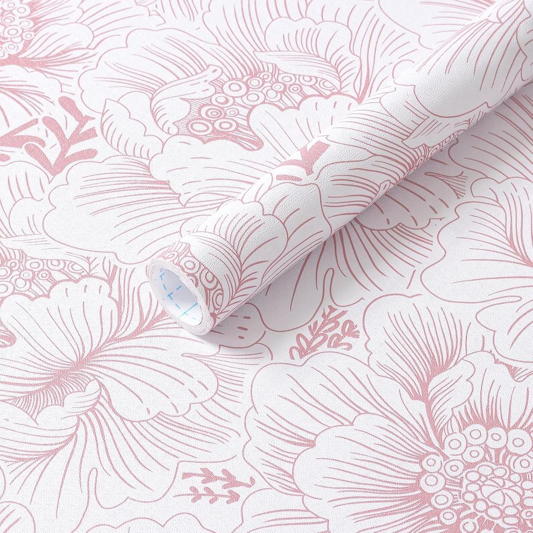 GloryTik Floral Wallpaper Peel and Stick Pink and White Contact Paper Boho Modern Removable Self Adhesive Waterproof Nursery Wall Paper for Bedroom Bathroom Cabinets Decor Vinyl 17.3" X 78.7", Pack of 2