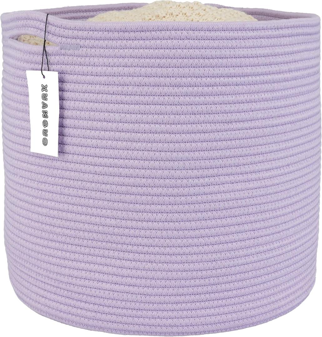 Cotton Rope Basket For Girls Boys Kids 16X14 Baby Laundry Basket Nursery Bin Round Woven Baskets Organizer For Storage Toys Blankets Shoes Clothes purple