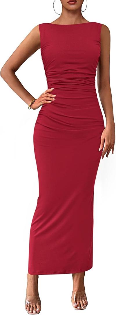 PRETTYGARDEN Women's 2026 Summer Semi Formal Midi Dresses Sleeveless Ruched Bodycon Long Elegant Cocktail Wedding Guest Dress (Red, M)