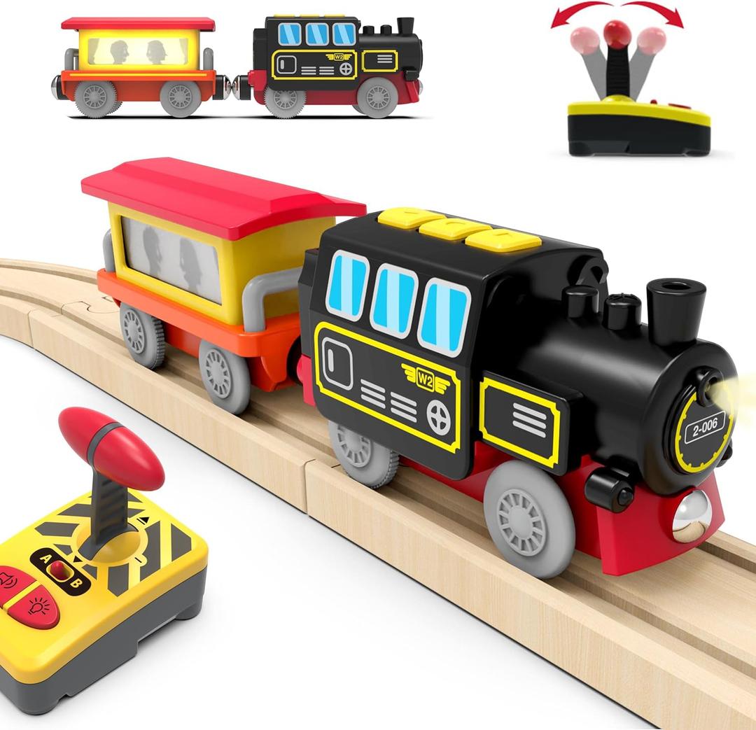 Motorized Train for Wooden Track, Remote Control Train with Magnetic Connection, Battery Operated Locomotive Trains for Toddlers, Compatible with Thomas, Brio, Chuggington