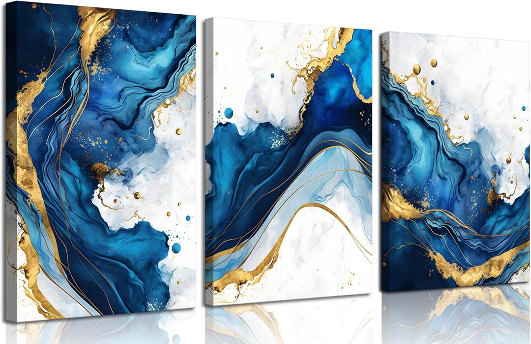 3Pcs Blue Gold Abstract Canvas Wall Art Modern White Blue Gold Foil Wall Decor Pictures Navy Blue and Gold Luxury Marble Posters Prints for Living Room Bedroom Home Decoration 16x24in