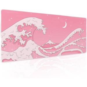 Pink Japanese Anime Gaming Mouse Pad XL Cute Kawaii Aesthetic Wave Extended Big Large Desk Mat Non-Slip Rubber Base Stitched Edge Long Keyboard Mousepad for PC Computer Laptop,31.511.8 in (X-Large, Animepink)