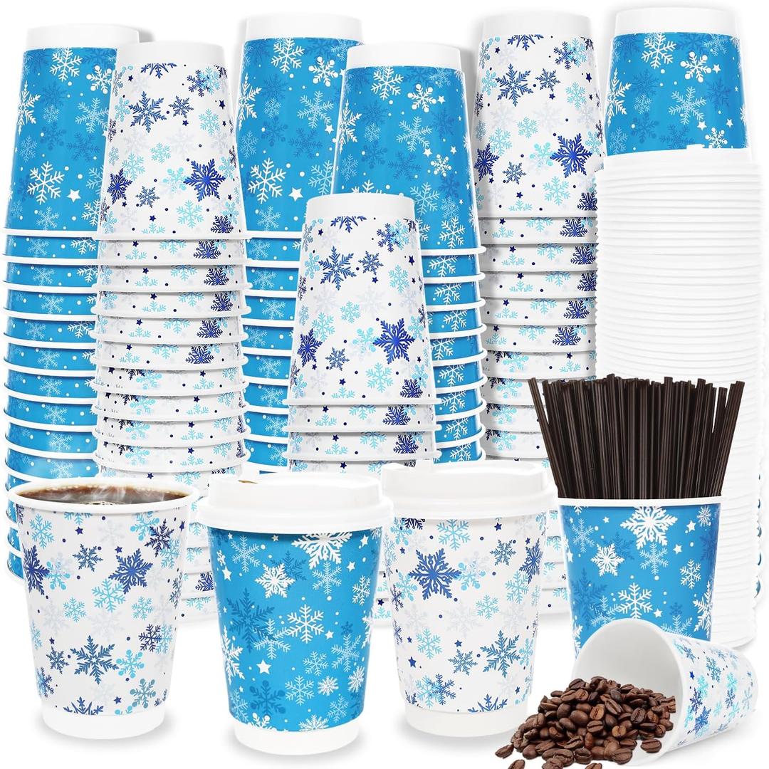 100 Pcs Snowflake Paper Cups 12oz Disposable Extra Thick Beverage Christmas Coffee To Go Cup with Leak Proof Lids Stirrers Insulated Disposable for Hot & Cold Liquids Wonderland Winter Party
