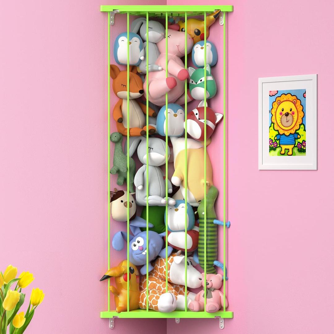 Stuffed Animal Storage Corner Organizer- Stuffed Animal Holder with Length Adjustable - Wall Plush Storage Hanging Stuffed Animal Net for Wall (Green, Standard)
