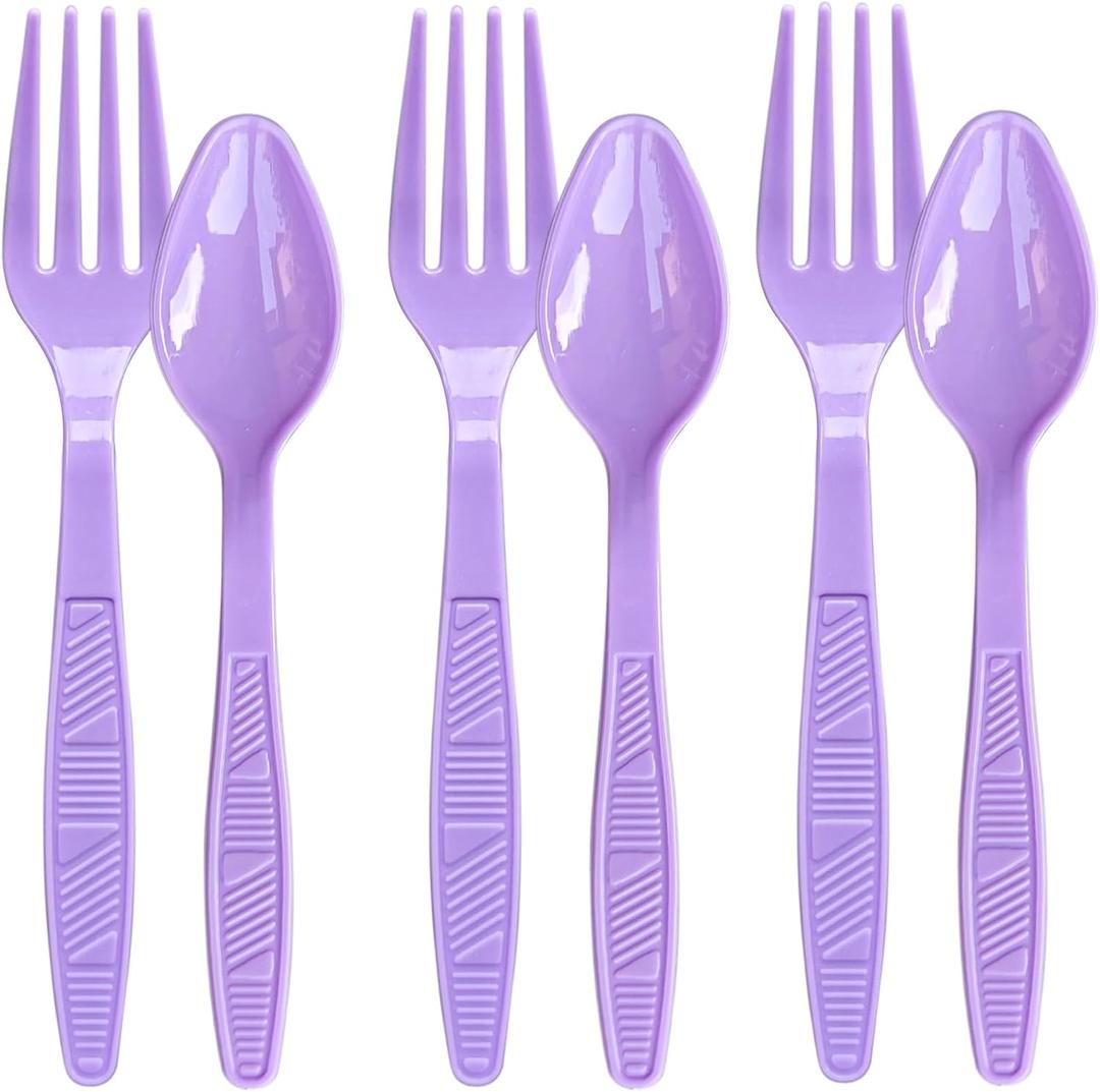 Plastic Forks and Spoons Heavy Duty, Purple Disposable Plastic Silverware Set for Party Supplies 96PCS
