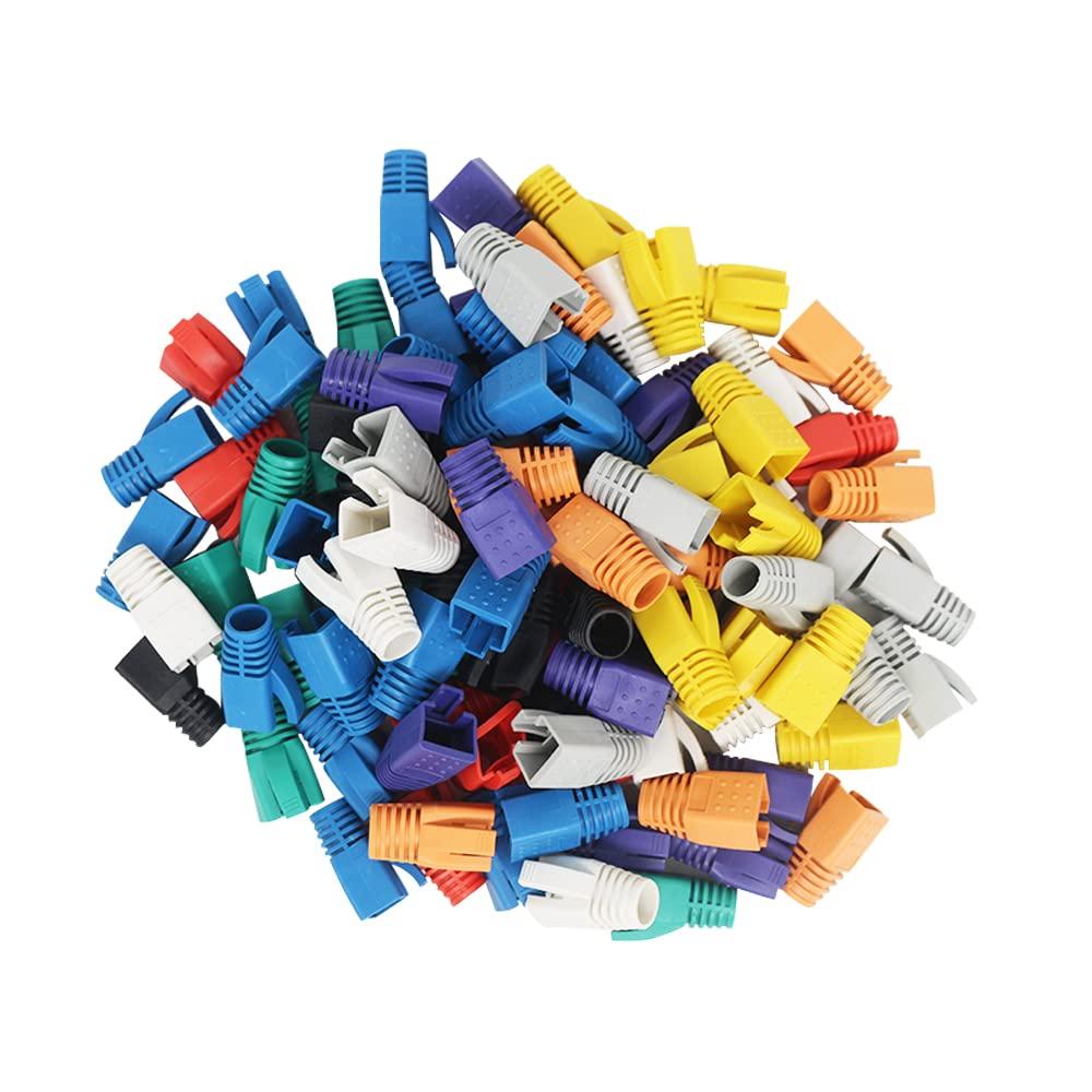RJ-45 Strain Relief Boots RJ45 Boots Plastic Network Wire,100 PCS CAT6A, CAT7, CAT8 Plastic RJ45 Ethernet Network Cable Strain Relief Boots (Color Mixing)