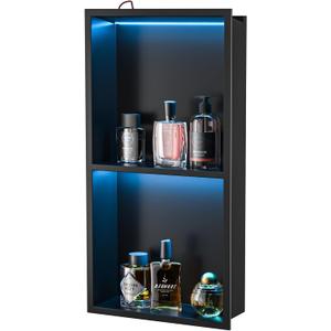 Led Shower Niche with RGB Light 24" X 12" Matte Black 304 Stainless Steel Shower Niche with 2-Tiers Shelves Waterproof No Tile Needed Recessed Niches Shower for Bathroom Storage