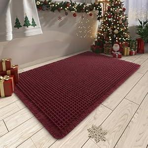Upgraded Christmas Waffle Bath Mat, Super Absorbent Non Slip Bath Mats for Bathroom Floor, Machine Washable Bathroom Rugs with Tassels, Rubber Backed Bathroom Mats, Ultra Soft, 18" x 30", Burgundy