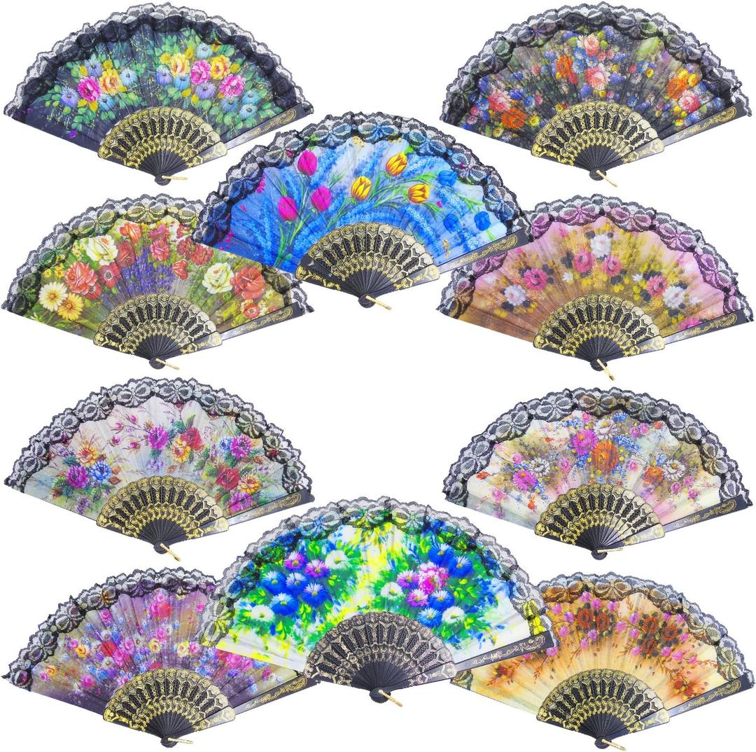 10 Pieces Spanish Hand Fan Handheld Fans for Women Floral Spanish Folding Fan Foldable Fan Vintage Fans Handheld Hand Fan for Wedding and Party Decoration