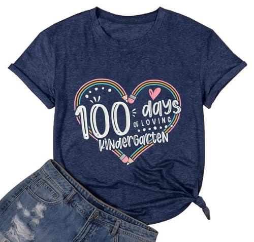 Sfyhnopy 100 Days of School Shirt Women 100 Days of Loving Kindergarten Tshirts Teacher Appreciation Gift Dark Blue XL