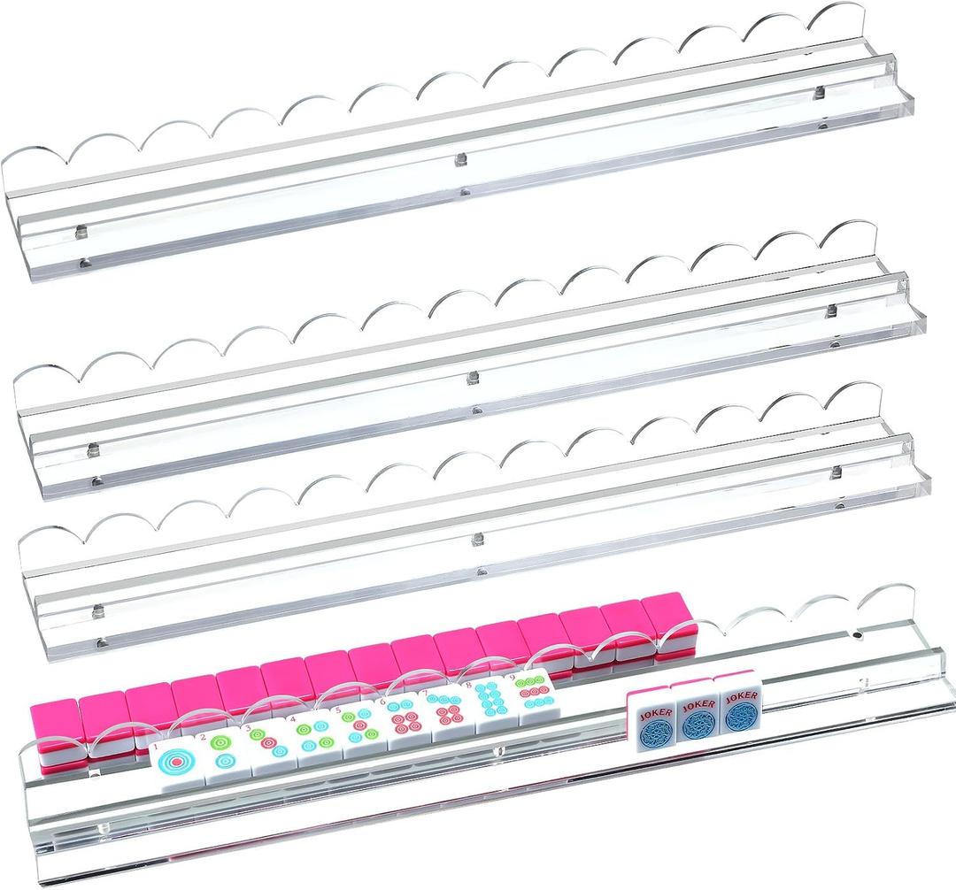 Soulchen 4 Pack Mahjong Tile Rack & Pusher Set, Acrylic Holders, Magnetic Mahjong Racks for Organizing Tiles, Easy to Use for Home Game Nights(Scalloped Edge, Clear), 17.72 x 2.36 inches