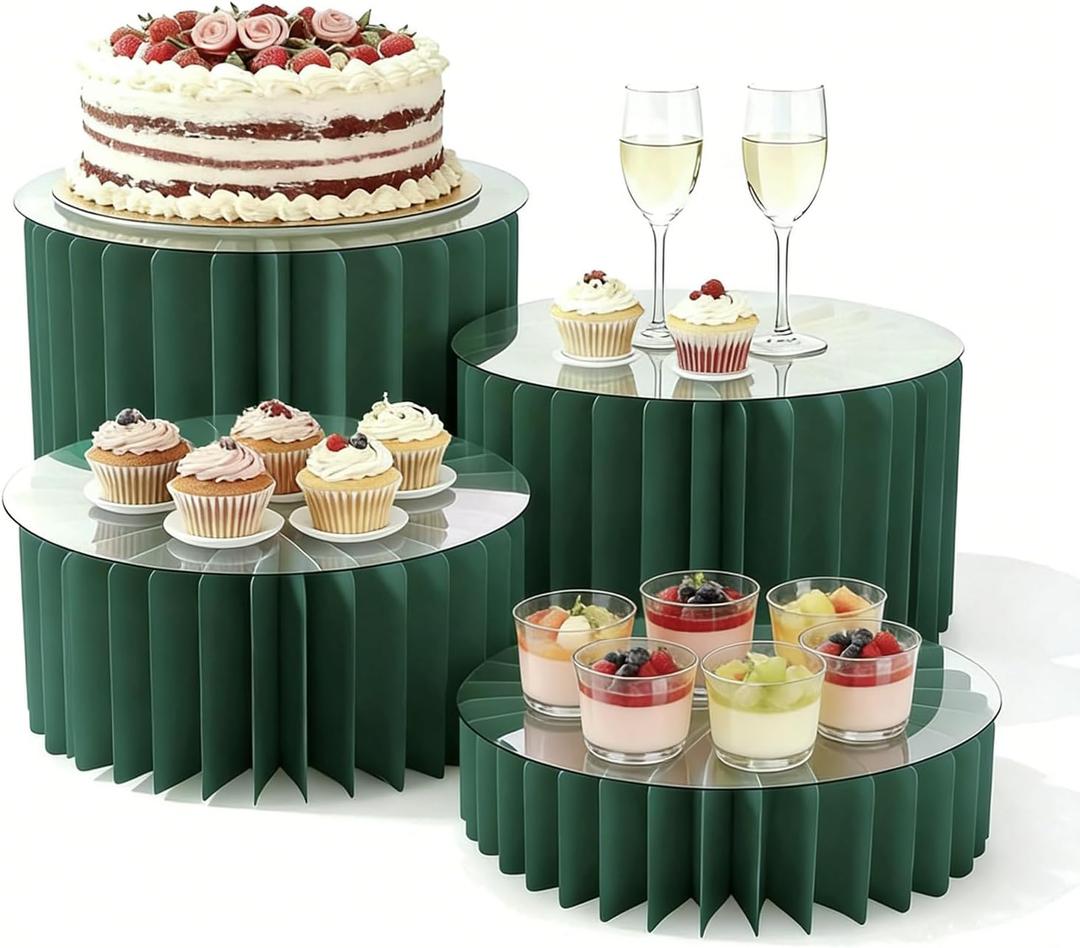 4 Pack Foldable Buffet Risers, Cardboard Cylinder Stands Food Display Risers with Acrylic Plates, Cake Cupcake Stands for Buffet Table, Dessert Table, Party Wedding Birthday Decor (Green)