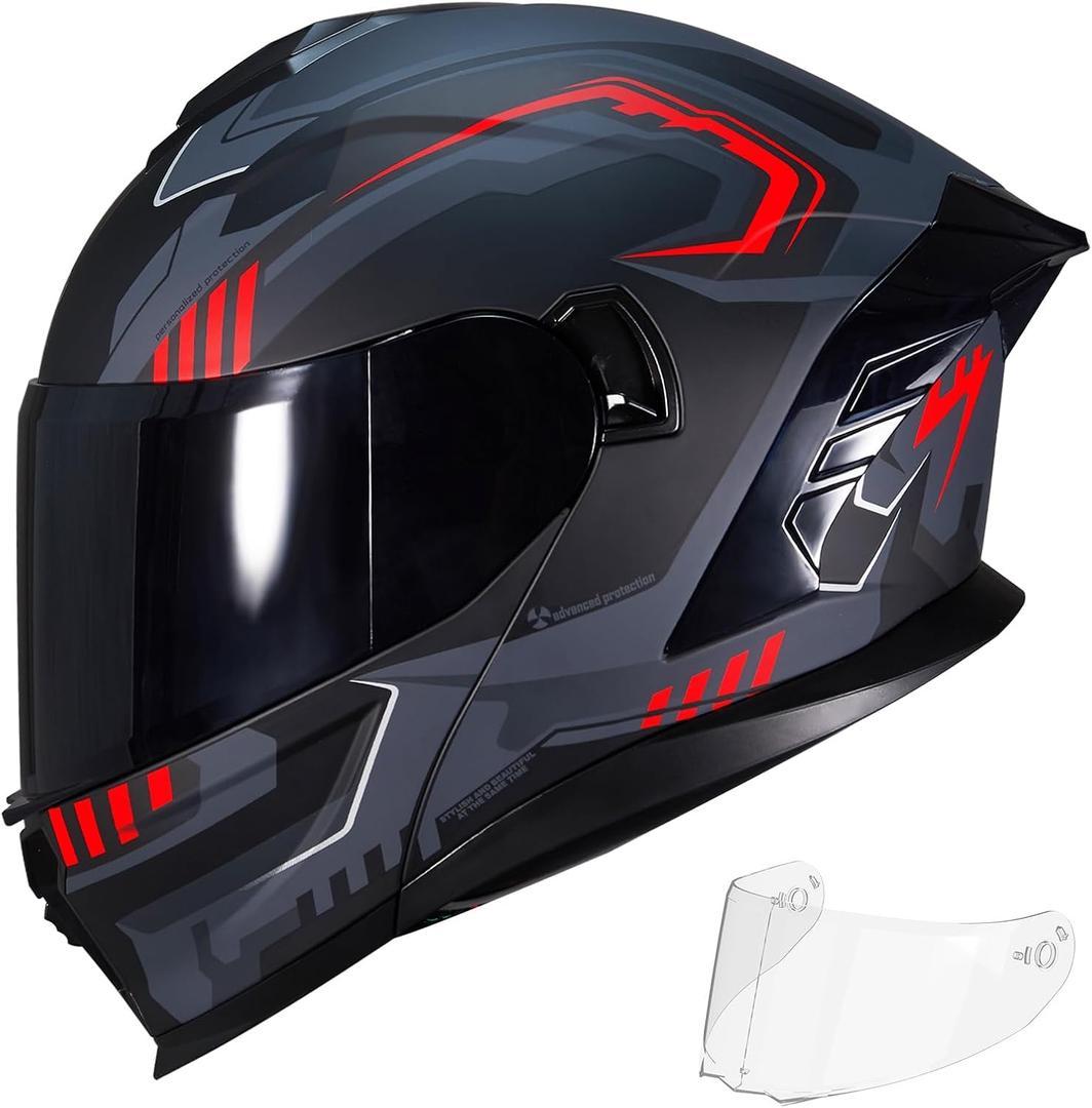 Motorcycle Helmet,Motorcycle Dual Visor Flip up Modular Full Face Helmet JR-815,DOT Approved Motorbike Helmet with 2 Visors for Adults Men Women(L,Matte Red Evolve)