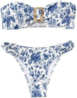 Milumia Women's Floral Bandeau Bikini Sets 2 Piece Strapless Swimsuit High Cut Thong Bathing Suit S