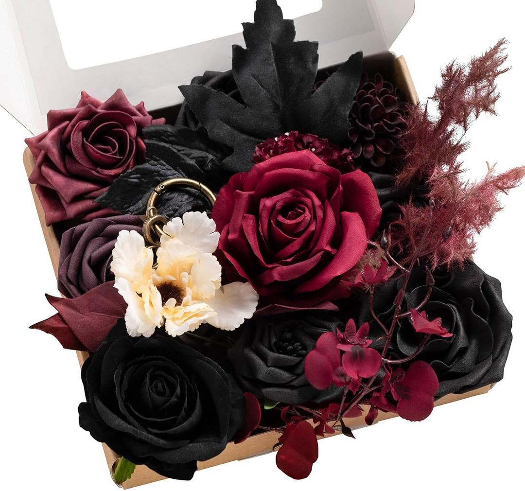 Ling's moment Fake Flowers Box, Faux Artificial Greenery Stems Foam Roses Dahlia Silk Maple Leaf Fabric Flower for Centerpieces Bouquet Wedding Vase Floral Decorations, Burgundy & Black, Mini Combo