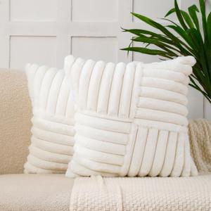 All Smiles Couch Decorative Throw Pillow Covers 16x16 Set of 2 Faux Fur Plush Soft Fluffy Velvet Cushion Case Cozy Fuzzy Striped Pillowcase Home Decor for Bed Sofa Living Room,Cream White
