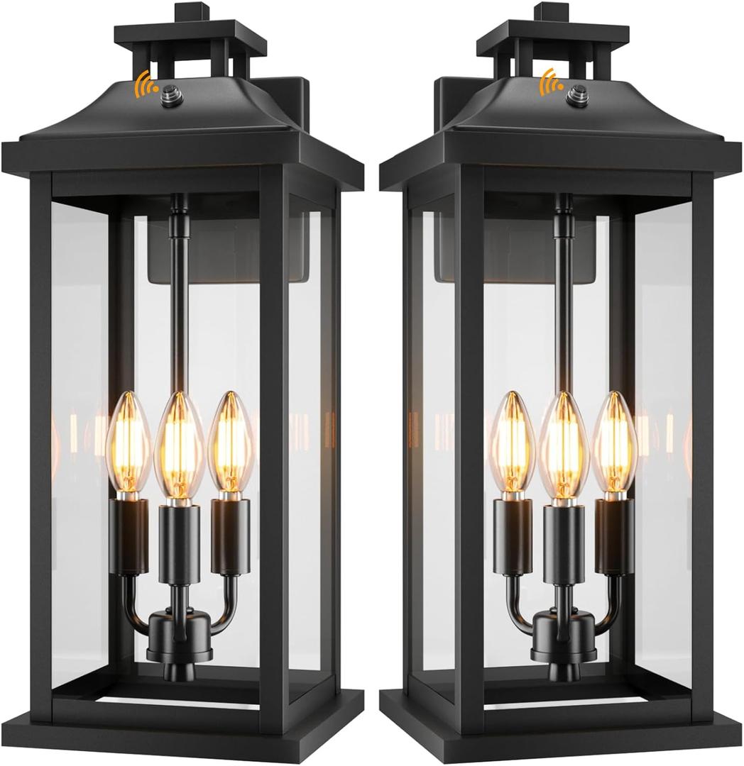 20" Large Dusk to Dawn Outdoor Lights 3-Light, 2 Pack Black Modern Exterior Lighting Fixtures Photocell Sensor Outside Porch Lights Wall Mount, Waterproof Patio Exterior Sconce Lamps E12