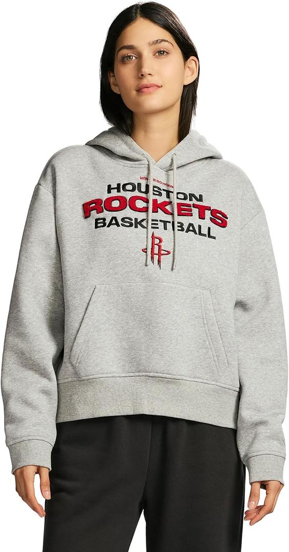 GAME 7 NBA womens Women's Cropped Long Sleeve Fleece Hoodie - Pullover With Chenille Team Patch and Kanga Pocket, Grey, Medium