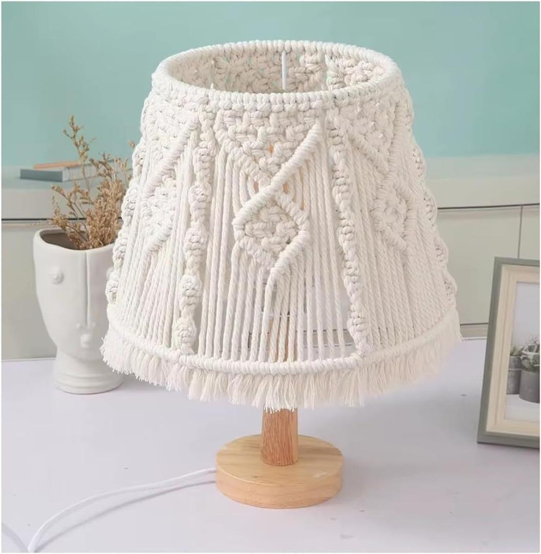 Table Light Handmade Bedside Desk Lamp Wooden Base Ivory White Woven Lampshade Decor Bedroom Living Room Nursery