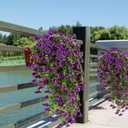 Fanfantoey Artificial Hanging Flowers for Outdoors, 2Pcs UV Resistant Fake Flowers, Realistic Faux Petunias Silk Long Vines Morning Glory Eucalyptus for Outside Planter Porch Patio Home Decor, Purple