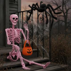 Tellingyou 3 Pcs 5.4ft Halloween Skeleton Decor Giant with 3 ft Big Spider and Pumpkin Face Candy Tote Bag, Full Size Pink Skeleton with Movable Joints for Pink Halloween Decoration Haunted House Prop