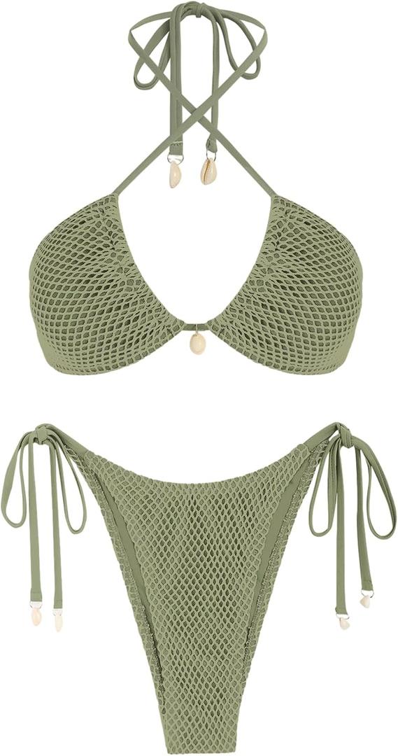 ZAFUL Women's Bikini Set Fishnet Triangle Tie Convertible Collar Halter Bandeau Shell Two Piece Bathing Suit (XL)