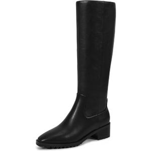 ISNOM Knee High Boots Women Chunky Low Heel Square Toe Elastic Boots Side Zipper Faux Leather Fall Long Tall Boot (8.5, Black-block Heels)