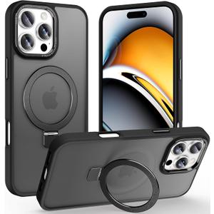 Magnetic for iPhone 16 Pro Case with Ring Stand, [10 FT Drop Protection] [Velvety Touch] Slim Translucent Matte Back Shockproof Phone Case for iPhone 16 Pro 6.3'', Space Black