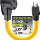 Kanayu 1 FT NEMA 5-15P to 14-30R 15amp Dryer Adapter Cord NEMA 5-15P Male to 14-30R Female Power Adapter 15 Amp 3 Prong Female Receptacle Only for 120v Device EV Power Cord