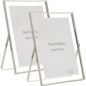 Silver 5x7'' Floating Frame Set of 2, For Photo Sizes (2x3'', 3.5x5'' 4x 6'' up to 5x7'' ), Beautiful Metal Lace Edge Frames Adjustable Tabletop/Shelf Photo Frame, Classy Gift Choice for Wedding,