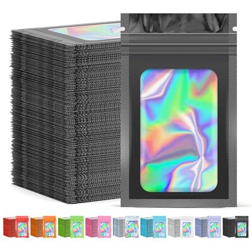 JETMORE 100 Pcs Mylar Bags, Smell Proof Bags Foil Pouch, Holographic Resealable Bags for Small Business, Candy Sample Jewelry Bag Sealable Packaging for Party Favor Food Storage (4x6in-Black)