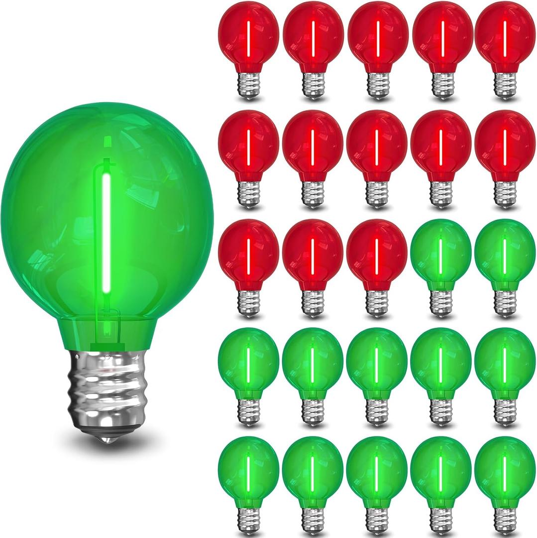 25 Pack G40 Red & Green LED Globe Replacement Bulbs, Dimmable E12 Screw Base Shatterproof Small Globe Light Bulbs for Outdoor String Lights and Indoor Outdoor Christmas String Lights & Patio Decor