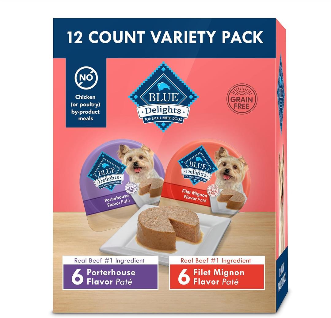Blue Buffalo Delights Natural Adult Small Breed Wet Dog Food Variety Pack, Made with Natural Ingredients, Filet Mignon Flavor Pat & Porterhouse Flavor Pat, 3.5-oz. Cups (12 Count, 6 of Each), Best By: FEB/17/2026