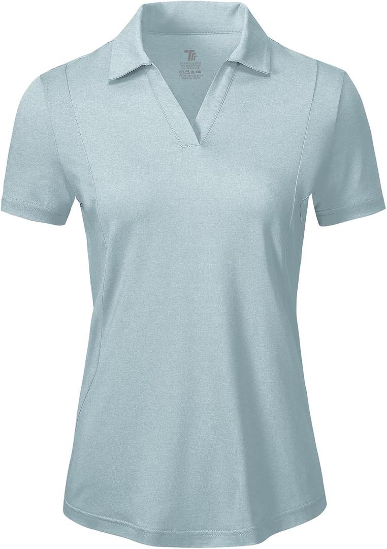 BGOWATU Women's Short Sleeve Golf Tennis Polo Shirts V Neck Collared Workout Tops UV Protection Dry Fit (Gray Blue)