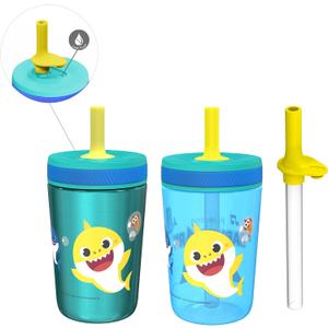 Zak Designs Baby Shark Kelso Tumbler Set, Leak-Proof Screw-On Lid with Straw, Bundle for Kids Includes Plastic and Stainless Steel Cups with Bonus Sipper (3pc Set, Non-BPA)15 fl oz.