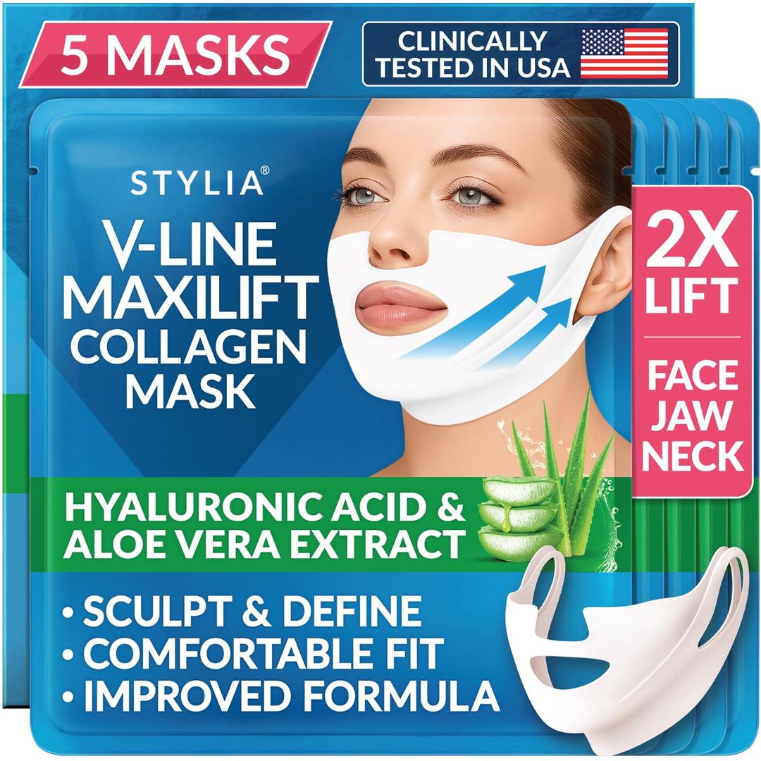 Stylia MaxiLift V-Line Lifting Collagen Face Mask - Double Chin Strap - Jawline Shaper - Neck Firming and Tightening Mask with Hyaluronic Acid & Aloe Vera - Chin Strap for Sleeping (5PC) (5 Count (Pack of 1))