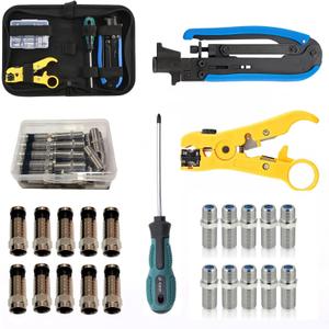 Coax Cable Crimper Tool Kit, Coaxial Compression Tool for rg6 rg59 rg11 with 1 Wire Stripper, 10pcs F Male rg6 Connectors And 10pcs Female to Female rg6 Connectors, 1 Screwdriver