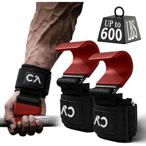 Weight Lifting Hooks (Pair) for Deadlifts, Pull Ups, Rows & Shrugs  Heavy Duty Steel Gym Hooks with 8mm Neoprene Padded Wrist Straps, Secure Hand Grips for Weightlifting, Powerlifting & Strength Training (One Size, Red)