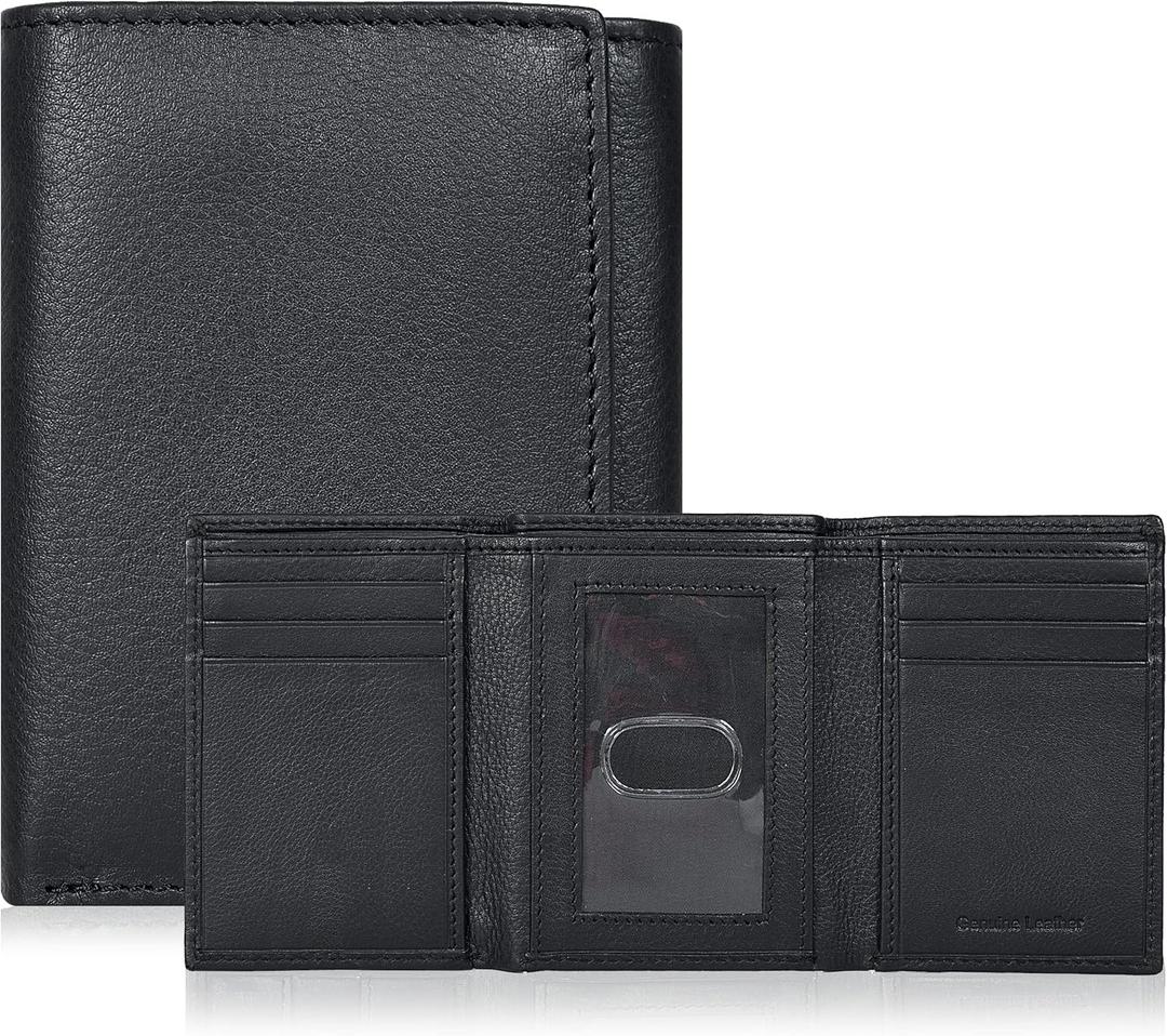 Tri fold Leather Wallet for Men with RFID | Slim Wallets for Men with 1 ID and 6 Credit card slots | Front Pocket Minimalist (Nappa Black)