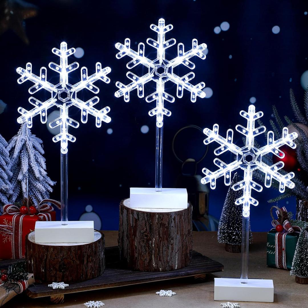 Riakrum 3 Pcs Christmas Snowflake Lights Decorations Snowflake Tabletop Decor Xmas Night Lights Battery Operated Christmas Centerpiece Light Indoor for Holiday Winter Party Decor