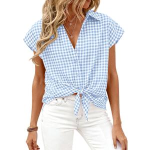 PRETTYGARDEN Womens Short Sleeve Shirts Plaid Button Down Blouse Dressy Casual 2026 Summer Spring Business Gingham Work Tops (Small, Light Blue)