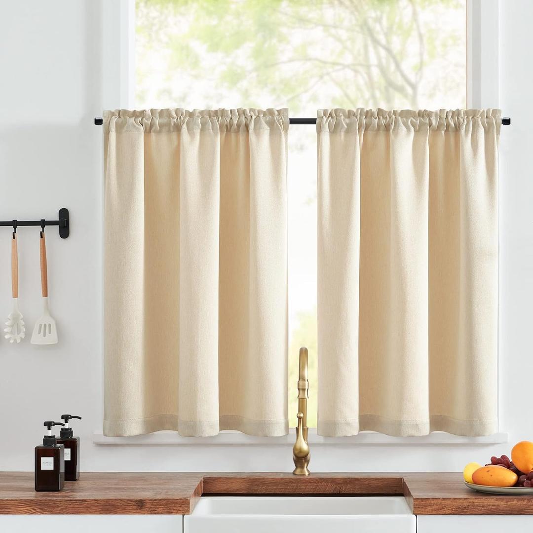 jinchan Faux Linen Kitchen Curtains 24 Inch Length Farmhouse Tier Curtains Privacy Cafe Light Reducing Short Window Drapes for Bathroom Laundry Room Rod Pocket 2 Panels Light Tan