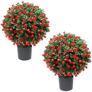 Zeyune 2 Pack 21.6" Artificial Rose Topiary Ball Tree, Outdoors Realistic Fake Shrub Faux Topiary Potted Plants UV Resistant for Home Garden Front Porch Office Decor