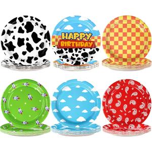 60 Pcs Toy Inspire Game Cartoon Story Party Plates 9" 350GSM Cartoon Cowboy Round Paper Plates Disposable Blue Sky Tableware Set for Kids Boys Girls Birthday Party Supplies Baby Shower Decor Favors