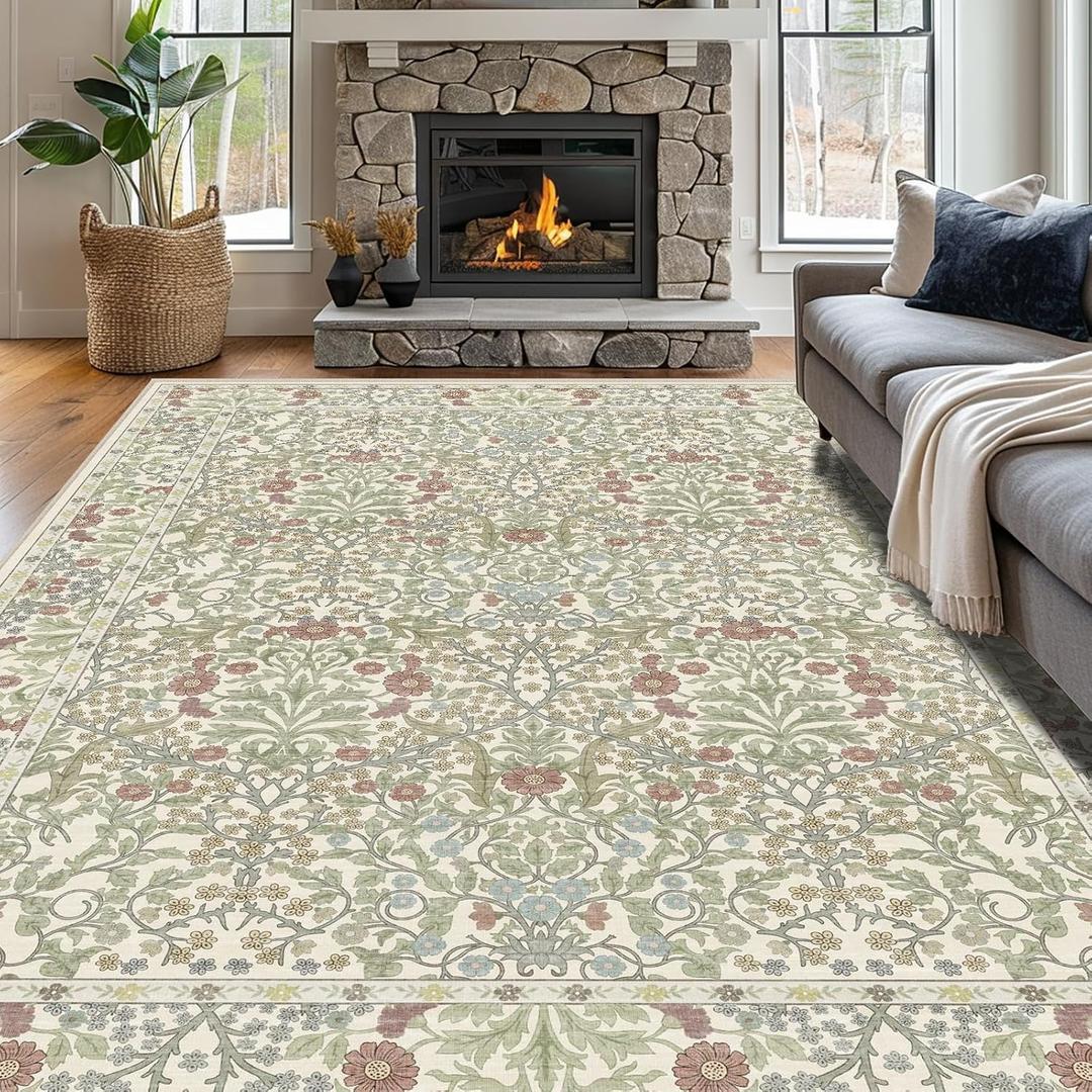 Vintage Light Green Living Room Rug, 8x10 Washable Area Rugs for Dining Room Under Table, Soft Low Pile Large Carpet Bedroom, Non-Slip Boho Floral (8 x 10 Light Green)