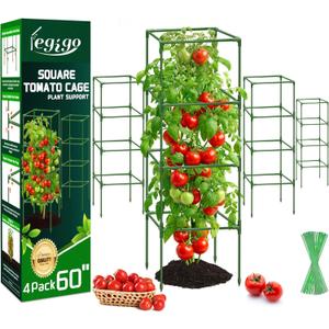 Legigo 4 Pack Square Tomato Cages- 60 Inch Heavy Duty Tomato Trellis for Climbing Plants Outdoor, Tomato Plant Support Stakes Cage Garden Trellis for Garden Raised Garden Bed Cucumbers Vegetables