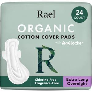 Rael Pads for Women, Organic Cotton Cover - Period Pads with Wings, Feminine Care, Sanitary Napkins, Ultimate Absorbency, Postpartum, Unscented, Ultra Thin (Extra Long Overnight, 24 Count)